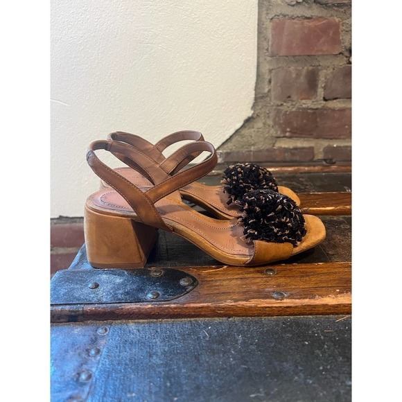 Zara Pom Pom Suede Block Heel  Sling Back Shoes 6 - Picture 6 of 9